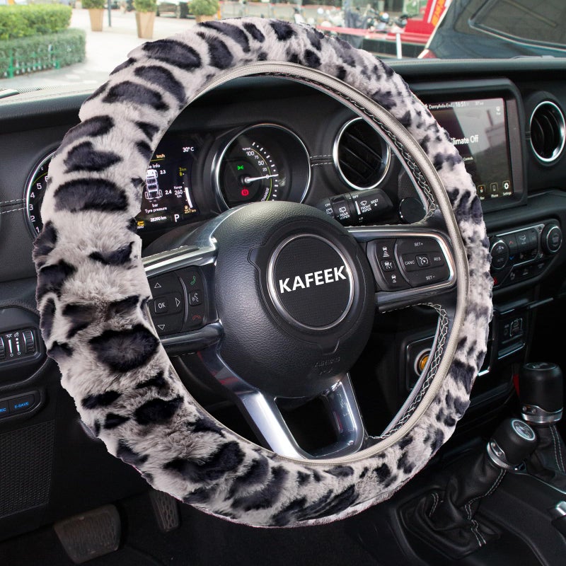 KAFEEK Elastic Long Microfiber Plush Steering Wheel Cover for Winter Warm, Universal 15 inch, Anti-Slip, Odorless, Leopard Gray - Image 1